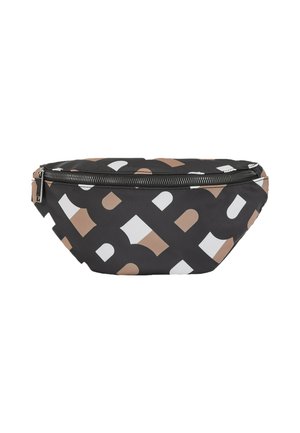 Banane noire avec motifs géométriques abstraits beige et blanc et fermeture éclair sur le dessus.