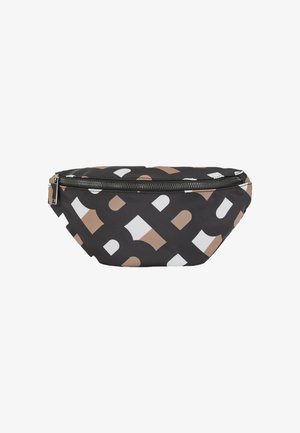 Banane noire avec motifs géométriques abstraits beige et blanc et fermeture éclair sur le dessus.