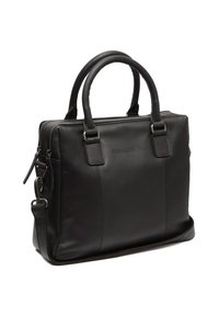 Sac à ordinateur en cuir noir avec des poignées arrondies, fermeture éclair et accents en métal. Présente un design structuré et une texture lisse.