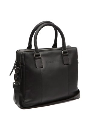 Sac à ordinateur en cuir noir avec des poignées arrondies, fermeture éclair et accents en métal. Présente un design structuré et une texture lisse.