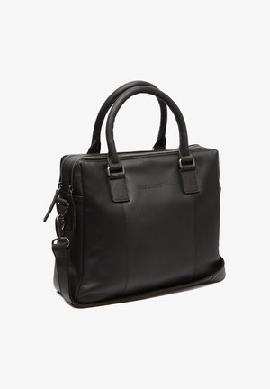Borsa per laptop in pelle nera con manici arrotondati, chiusura con zip e dettagli in metallo. Presenta un design strutturato e una texture liscia.