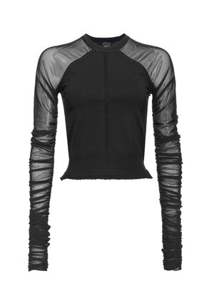 Maglietta nera a maniche lunghe con corpo in maglia aderente e maniche in rete trasparente e arricciate. Collo rotondo, orlo corto e dettagli testurizzati sulle maniche.