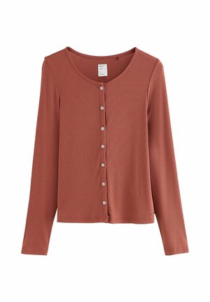 Rostfärgad ribbad långärmad knapp-up cardigan med rund halsringning och små vita knappar framtill.