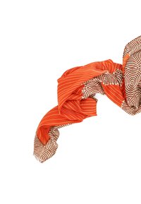 Sciarpa arancione con strisce bianche sottili e una sezione marrone a motivo con cerchi concentrici, realizzata in un tessuto leggero con bordi sfrangiati.