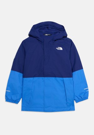 Laste sinine kahetooniline kapuutsiga veekindel jope elastsete mansettide ja The North Face'i logoga rinnal.