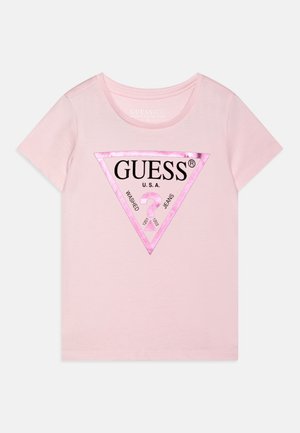 Pink short-sleeve t-shirt made from organic cotton, featuring a triangular, shiny logo in black and pink with text details.