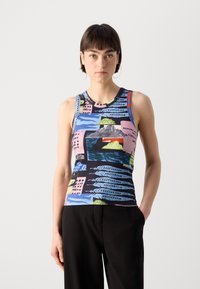 Multicolored ribbed tank top with graphic patterns, including landscapes and text, featuring a round neckline and sleeveless design.