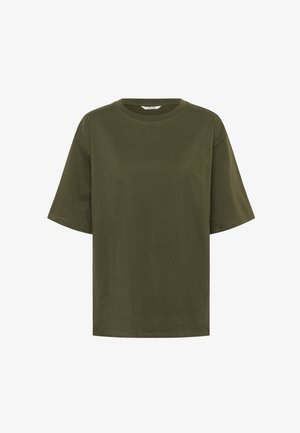 Oliivinvihreä lyhythihainen t-paita, valmistettu pehmeästä puuvillasta. Siinä on pyöreä kaula-aukko ja rintakehällä hillitty kirjailtu logo.