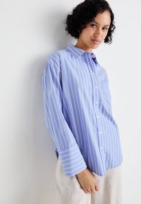 Camicia a righe blu e bianche con colletto, maniche lunghe, taschino e vestibilità comoda. Il tessuto appare liscio e leggero.