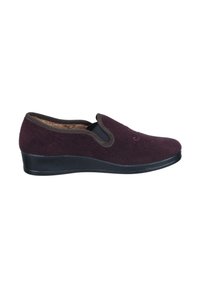 Burgundy slip-on shoe made of soft material with black elastic side panels and a textured black sole. Accented with subtle embroidery.