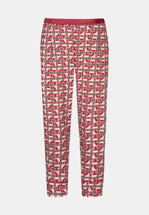 Pantalons à motifs en tissu léger, présentant un design répétitif de cercles rouges et gris sur un fond crème et une ceinture rouge.