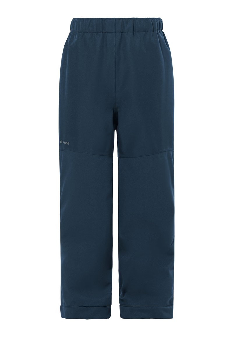 Pantalons isolés imperméables bleu marine avec taille élastique et panneaux de genoux renforcés, conçus pour le temps froid en extérieur.