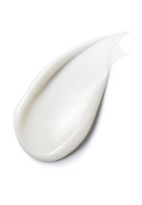 Weiße Creme in einer glatten, tropfenförmigen Form mit einer glänzenden Textur, die Licht reflektiert. Die Oberfläche wirkt dick und reichhaltig, ohne sichtbare Partikel.