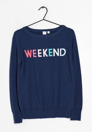 Navy blue long-sleeve sweater on black hanger with colorful "WEEKEND" text across chest in red, white, pink, and green letters.