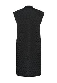 Gilet noir sans manches matelassé avec un motif en losange, col rond et coupe droite, conçu pour la chaleur et le confort.
