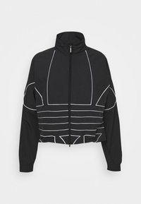 Svart kort jacka med hög krage, med vit geometrisk sömnad och hel framdragkedja. Slätt, lättviktigt tyg.