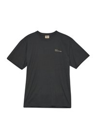 Mørkegrå T-shirt lavet af blødt stof, med rund halsudskæring, korte ærmer og et lille trykt logo på forsiden.