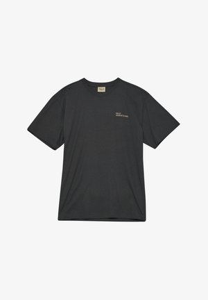 Dunkelgraues T-Shirt aus weichem Stoff, mit Rundhals, kurzen Ärmeln und einem kleinen, bedruckten Logo auf der Vorderseite.