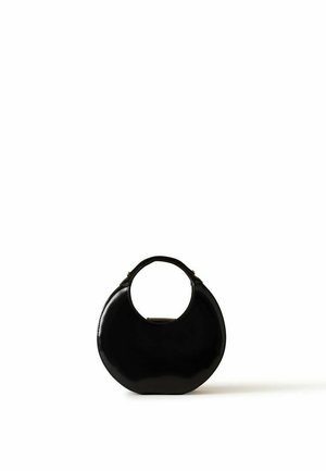 Borsa a mano circolare nera lucida con manico corto nella parte superiore, su sfondo bianco semplice.