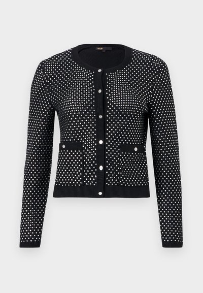 Cárdigan negro con patrón de puntos plateados, que presenta puños acanalados, bolsillos frontales y escote redondo. Cerrado con cinco botones metálicos.