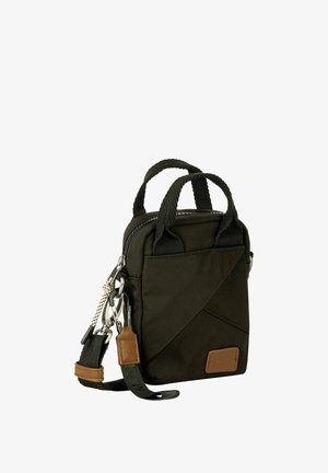 Kleine schwarze Umhängetasche mit zwei oberen Griffen, Fronttasche, Reißverschluss und abnehmbarem Schultergurt mit braunen Lederakzenten.