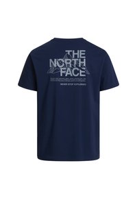 Marineblaues Baumwoll-T-Shirt mit einem großen weißen Aufdruck auf der Rückseite, der Text und Bergillustrationen zeigt. Kurzärmlig mit Rundhalsausschnitt.