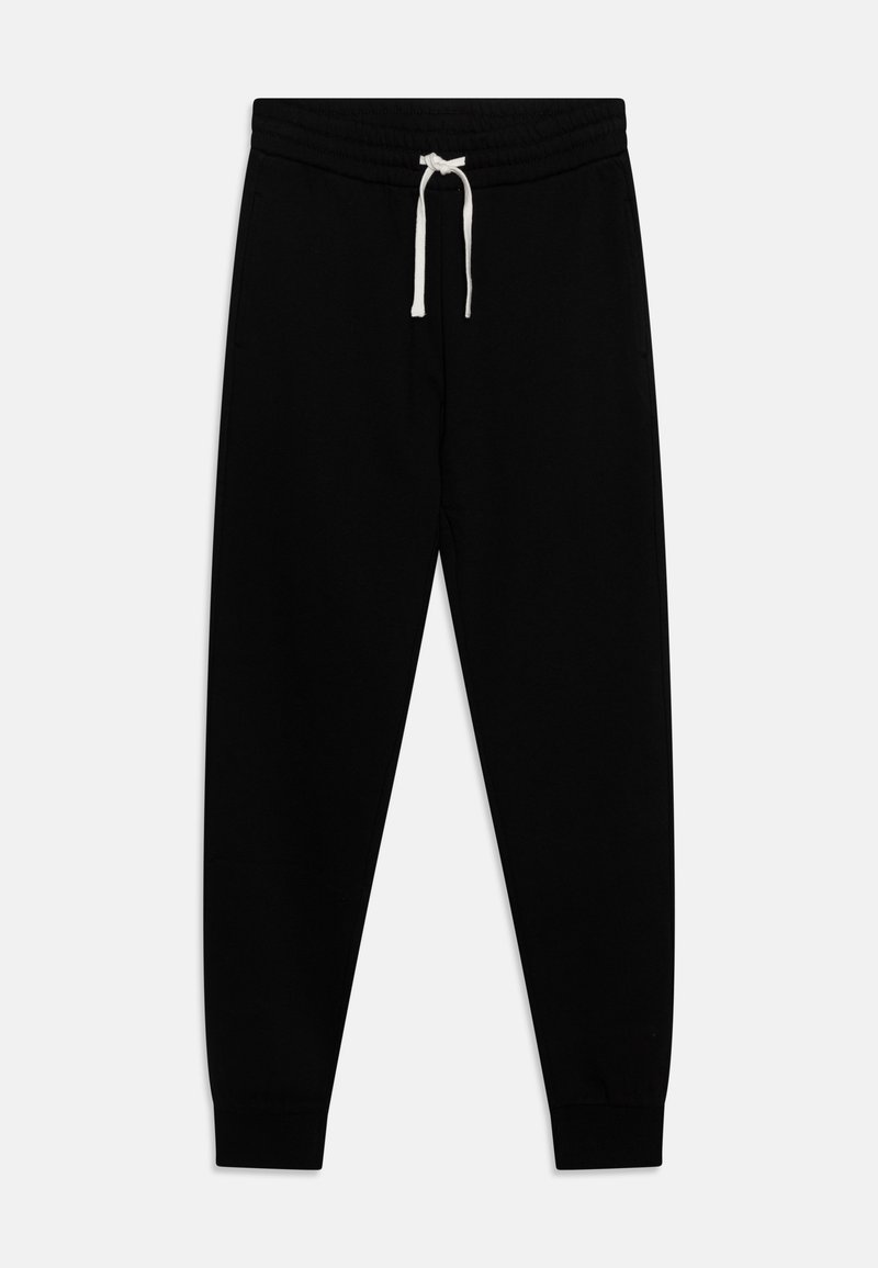 Pantalons de jogging noirs en tissu doux, avec une taille élastique et un cordon blanc, deux poches latérales et des poignets élastiques au niveau des chevilles.