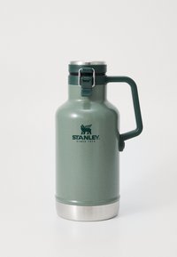 Green stainless steel vacuum flask with a textured finish, metal lid, rubber strap, and a sturdy handle. Logo printed on the front.