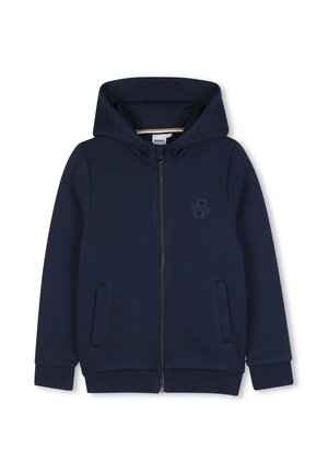 Sweat à capuche bleu marine avec fermeture éclair intégrale, poches avant, poignets et ourlet côtelés, et un logo embossé subtil sur la poitrine.