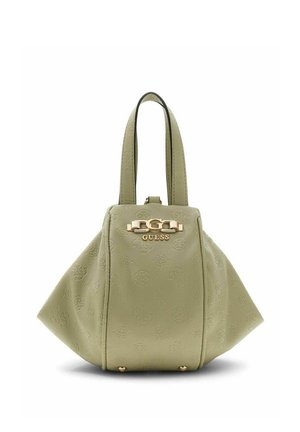 Borsa Guess verde oliva con motivo a logo in rilievo, finiture in tono oro e due manici superiori, struttura con lati triangolari ampi.