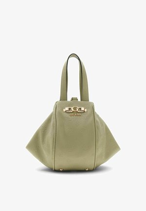 Borsa Guess verde oliva con motivo a logo in rilievo, finiture in tono oro e due manici superiori, struttura con lati triangolari ampi.