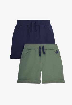 Zwei Paar Shorts: eines in Marineblau und eines in Olivgrün. Beide haben einen elastischen Bund, Taschen und umgeschlagene Säume und sind aus weichem Stoff gefertigt.