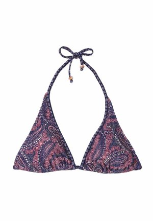 Triangel-Bikinioberteil mit marineblauen, pinken und weißen Paisley- und Blumenmustern, Neckholder mit kleinen Perlenakzenten.