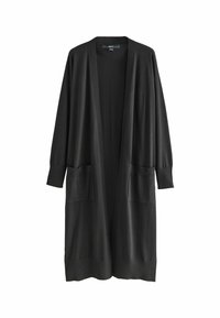 Lungo cardigan nero realizzato in tessuto morbido. Presenta maniche lunghe, tasche laterali, un design aperto e polsi e orlo a coste.