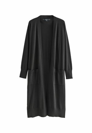 Langer schwarzer Cardigan aus weichem Stoff. Verfügt über lange Ärmel, Seitentaschen, ein offenes Frontdesign sowie gerippte Bündchen und Saum.