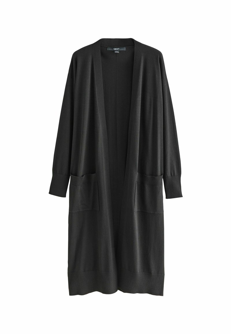 Lungo cardigan nero realizzato in tessuto morbido. Presenta maniche lunghe, tasche laterali, un design aperto e polsi e orlo a coste.
