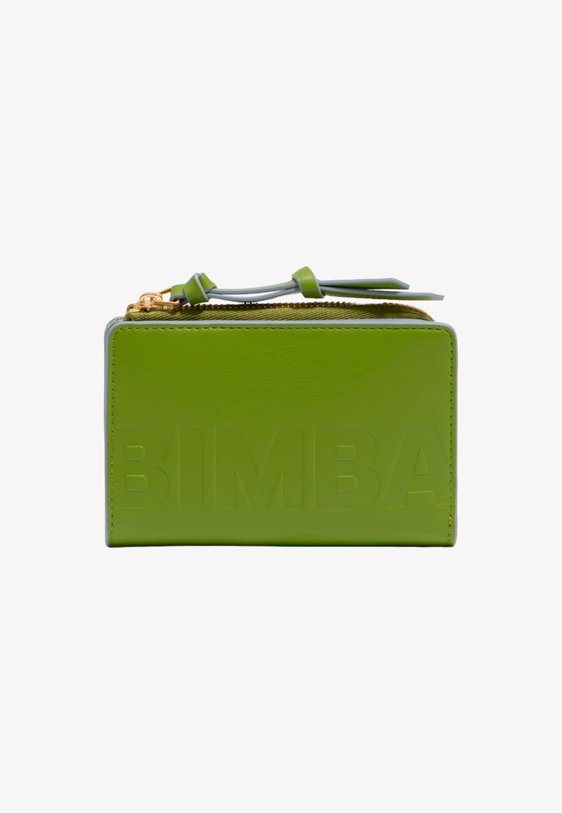 Green, glossy leather wallet with embossed lettering "BIMBA," zip closure, and gray accents. Compact rectangular shape with a smooth texture.
