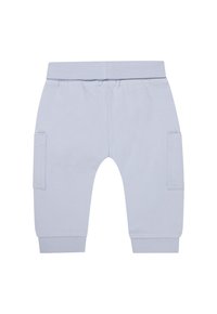 Lichtblauwe katoenen joggers met een geribde tailleband, twee zijzakken en elastische boorden. Soepele textuur met een rechte pasvorm.