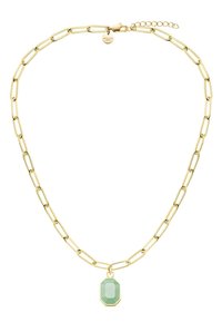 Gouden ketting met verlengde schakels en een groene octagonale stenen hangers. Voorzien van een sluiting en een verlengkettinkje voor verstelbare lengte.