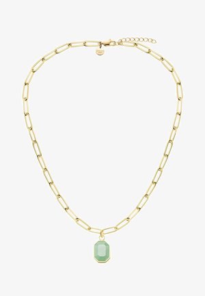Collier en or avec des maillons allongés et un pendentif en pierre octogonale verte. Comprend un fermoir et une chaîne d'extension pour un ajustement de la longueur.