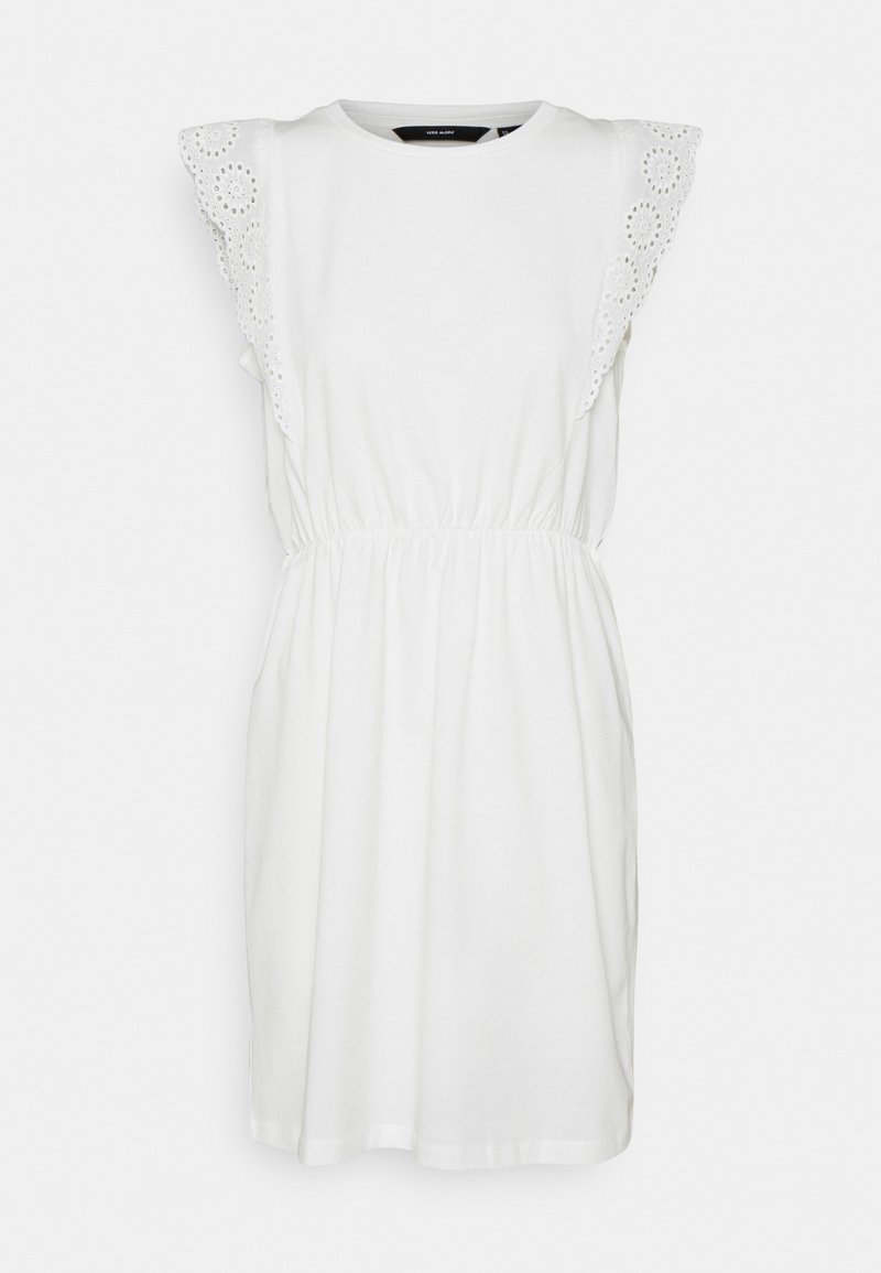 Biała sukienka z bawełny, z krótkimi falbankami z przeszyciami, elastycznym pasem i luźnym krojem. Gładka faktura.