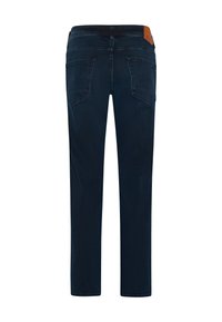 Dark blue denim jeans with a straight cut, featuring two back pockets and a leather patch at the waist. Simple design, clean edges.