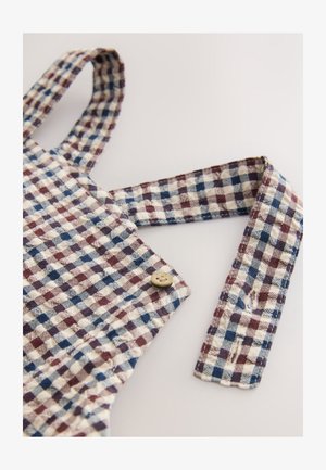 Beezhi, sinine ja burgundi ruuduline kangas kombinesoon. Omab reguleeritavaid rihmasid, nööbidetaili ja tekstureeritud kootud mustrit.