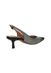 Tacchi slingback neri e argento con punta affilata, decorati con piccole scintillazioni e tacco a stiletto di altezza media. Fodera interna liscia.