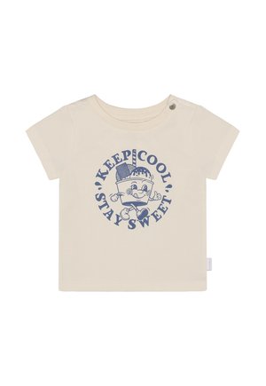 Roomkleurig T-shirt met korte mouwen van katoen. Voorzien van een blauwe afbeelding met de tekst "KEEP COOL STAY SWEET" en een ontwerp met een geanimeerd figuurtje.