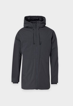 Donkergrijze hoodie met een ritssluiting aan de voorkant, voorzien van twee grote zakken en een verstelbare trekkoord in de capuchon en taille.