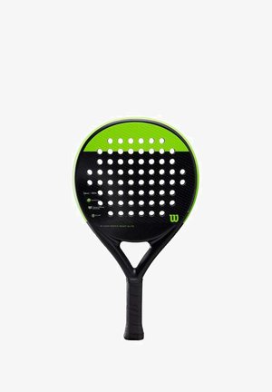 Zwarte en groene paddle met een geperforeerde kop, een textuur op het handvat en een solide ontwerp. Bevat de branding "Wilson Match Point Elite".
