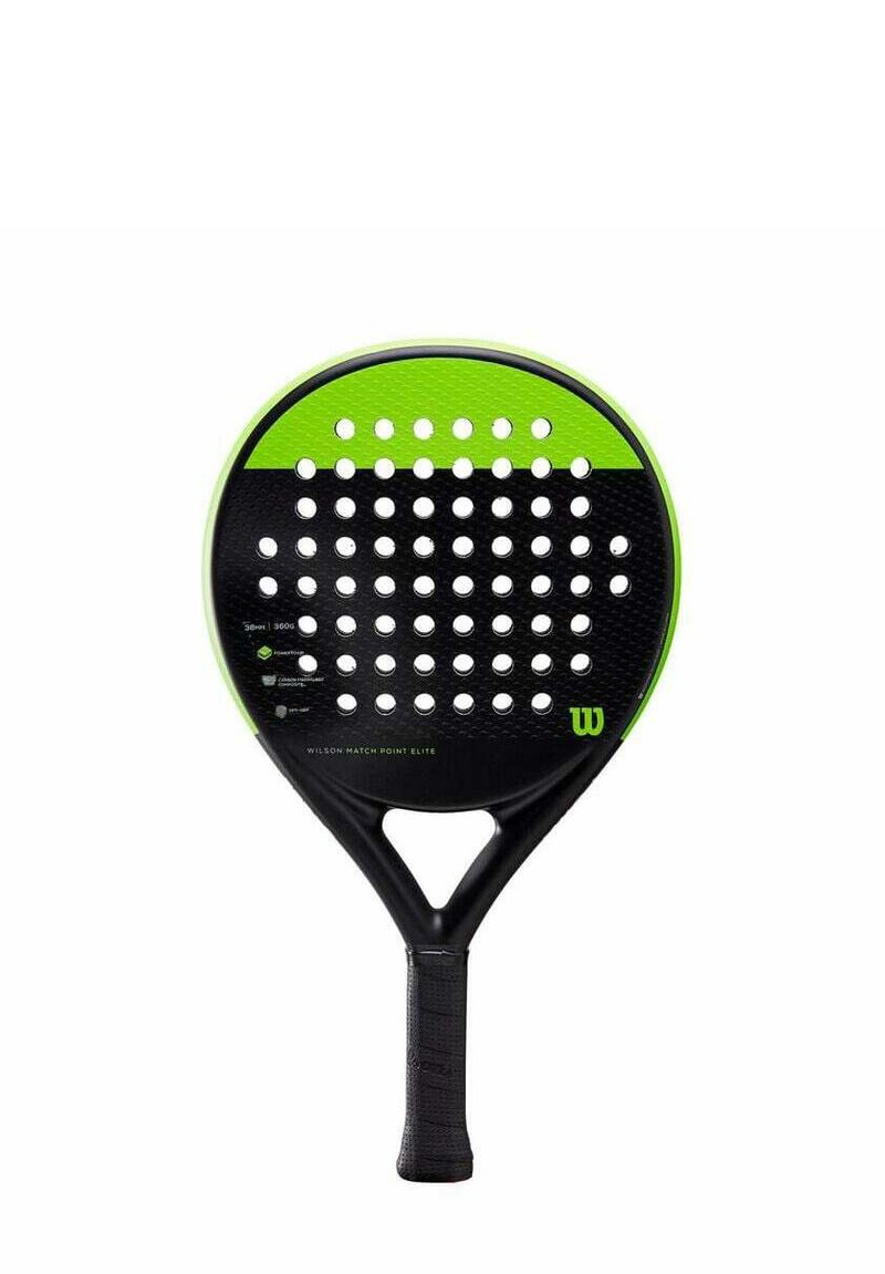 Pagaie noire et verte avec une tête perforée, prise texturée sur le manche et un design solide. Affiche la marque "Wilson Match Point Elite".