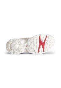 Semelle de chaussure blanche avec grip texturé, design rouge en forme de X près de l'avant, et nom de marque "ecco" embossé au centre.
