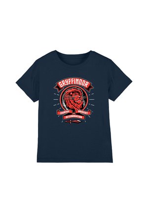 Navy t-shirt with red graphic of a lion head and text "Gryffindor," "Courage," "Bravery," and "Determination" with a sword below.